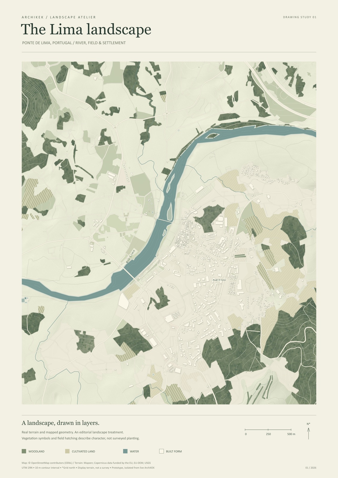 Ponte de Lima Landscape drawing: muted woodland textures, river, contours and mapped buildings