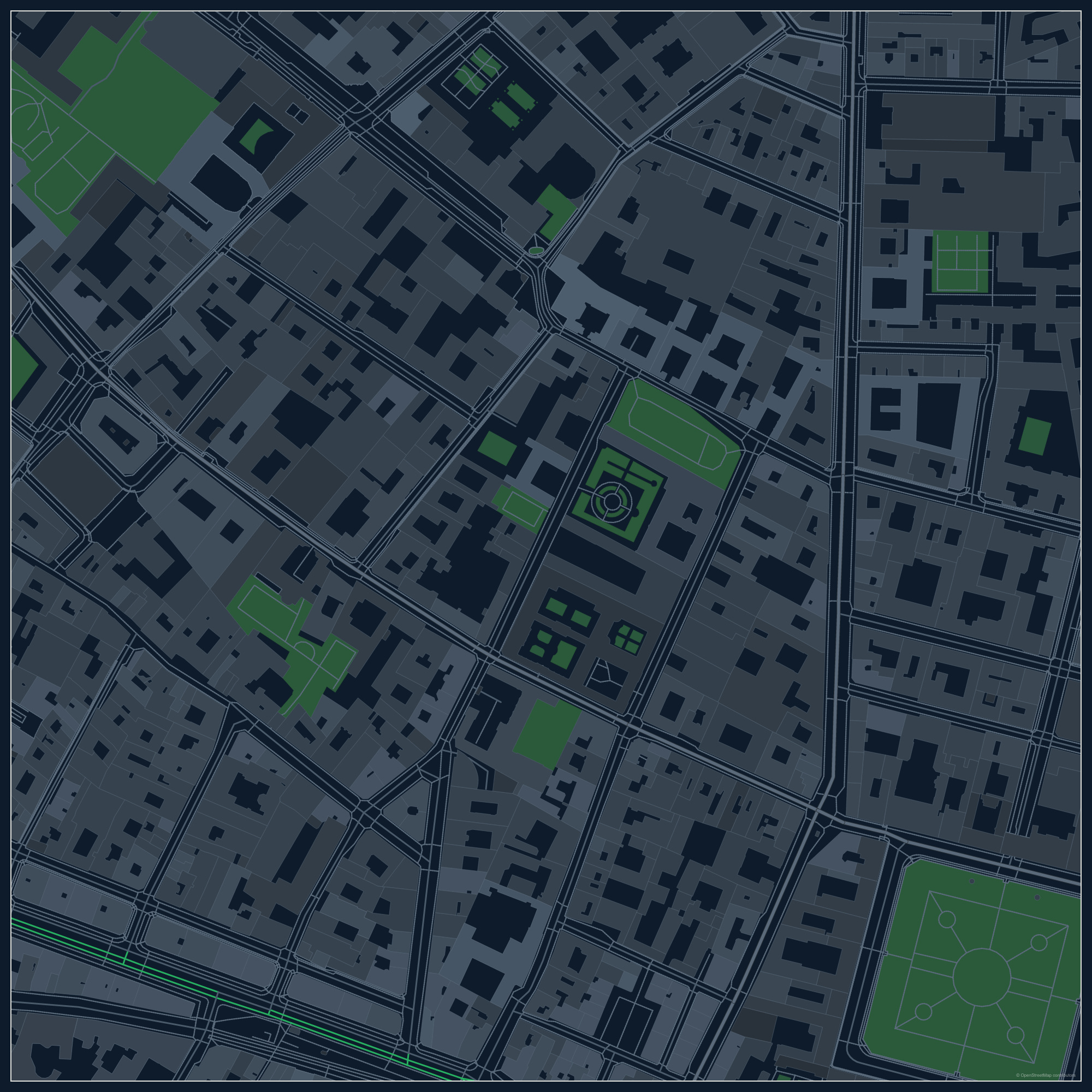 Midnight architectural context map of Le Marais, Paris