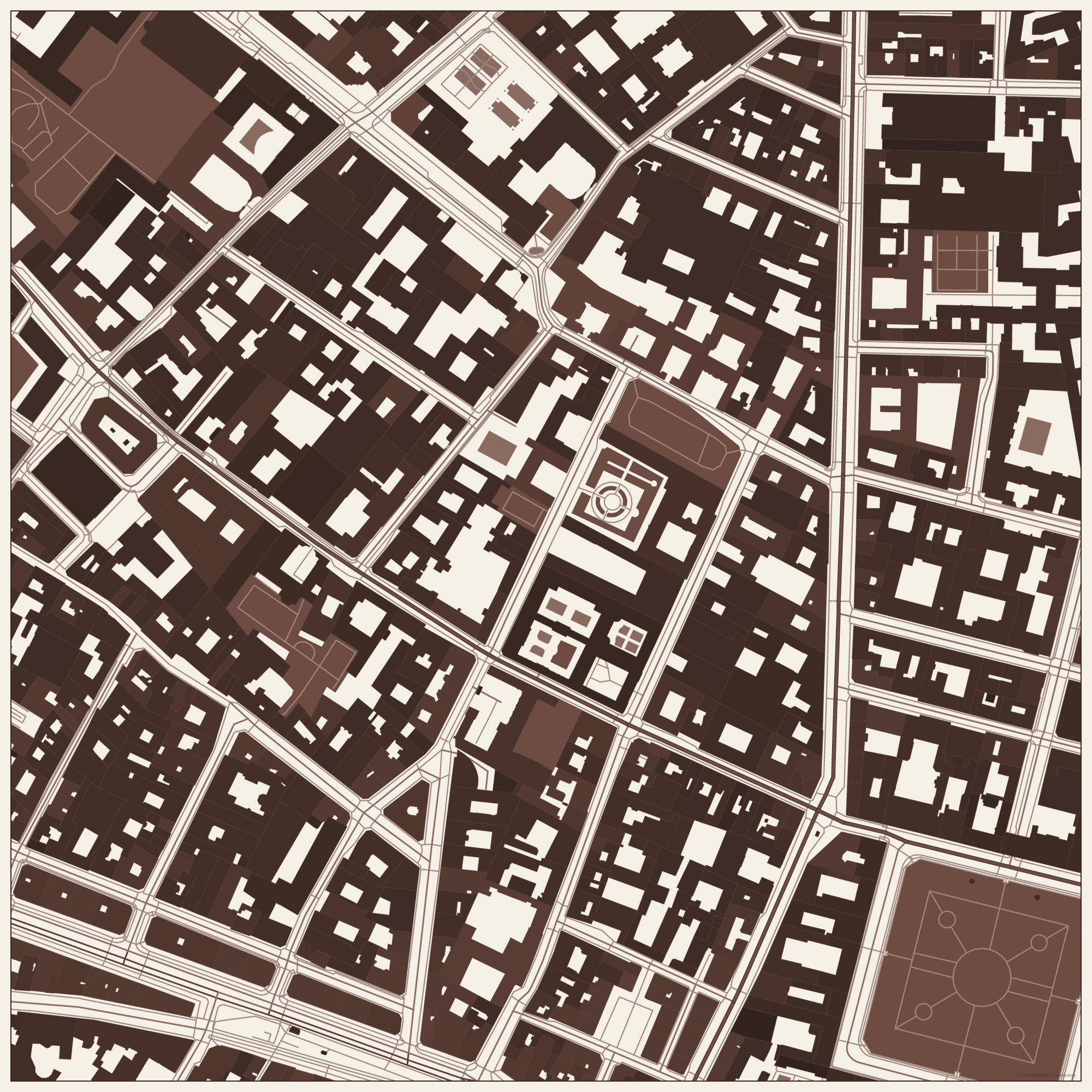 Sepia architectural context map of Le Marais, Paris
